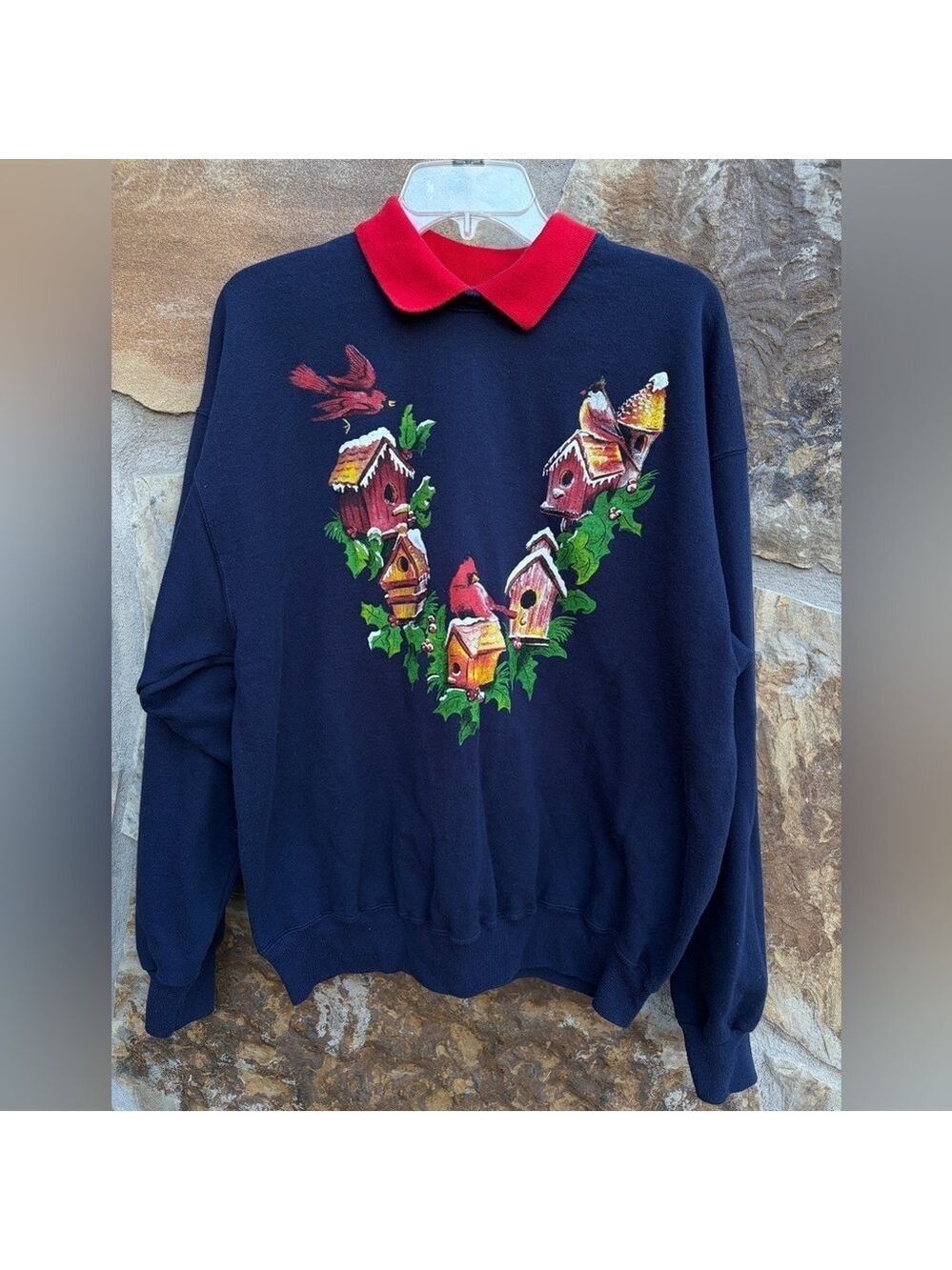 Vintage Hanes Champknit Oversized Christmas Birds Print Collared Sweatshirt XL